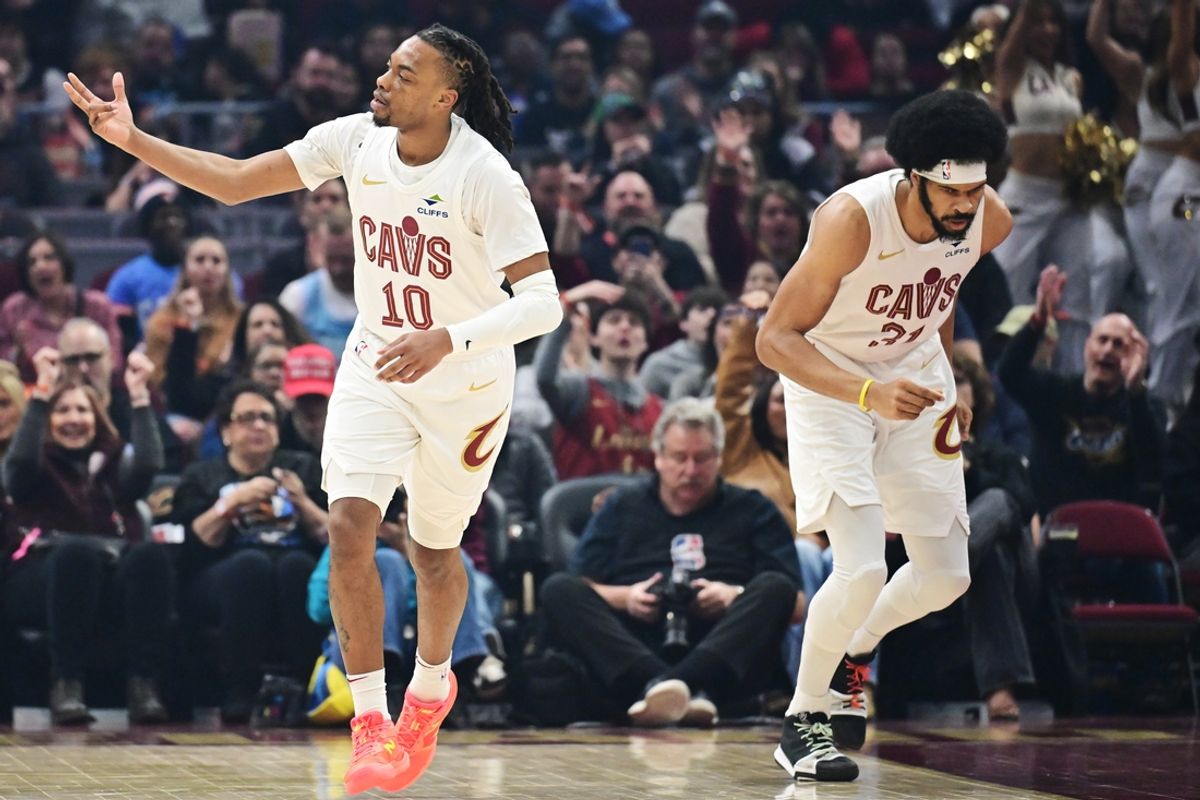 Feb 2, 2025; Cleveland, Ohio, USA; Cleveland Cavaliers guard Darius Garland (10) celebrates after hitting a three point basket during the first quarter against the Dallas Mavericks at Rocket Mortgage FieldHouse. Mandatory Credit: Ken Blaze-Imagn Images