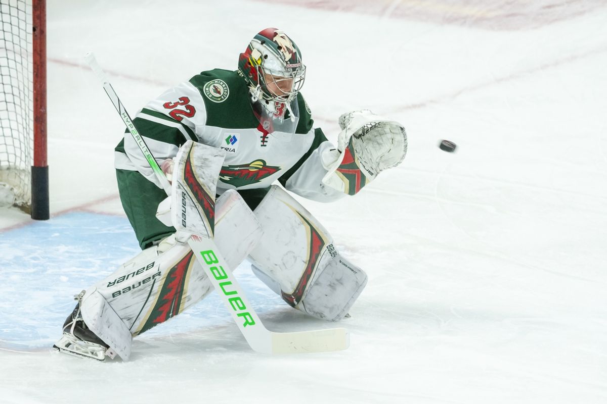 Feb 1, 2025; Ottawa, Ontario, CAN; Minnesota Wild goalie Filip Gustavsson (32) warms up prior to game against the Ottawa Senators at the Canadian Tire Centre. Mandatory Credit: Marc DesRosiers-Imagn Images