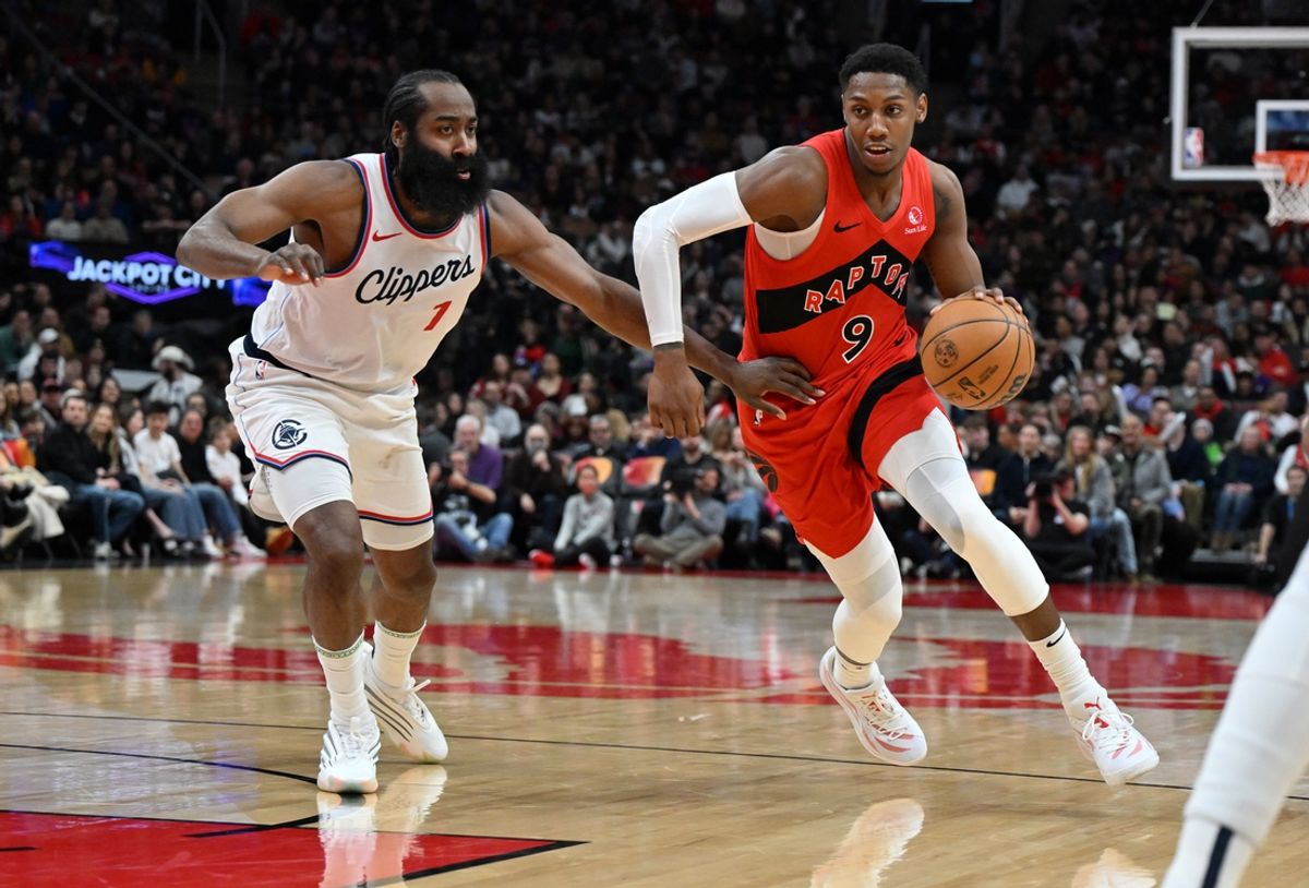 Feb 2, 2025; Toronto, Ontario, CAN; Toronto Raptors forward RJ Barrett (9) dribbles the ball past Los Angeles Clippers guard James Harden (1) in the first half at Scotiabank Arena. Mandatory Credit: Dan Hamilton-Imagn Images