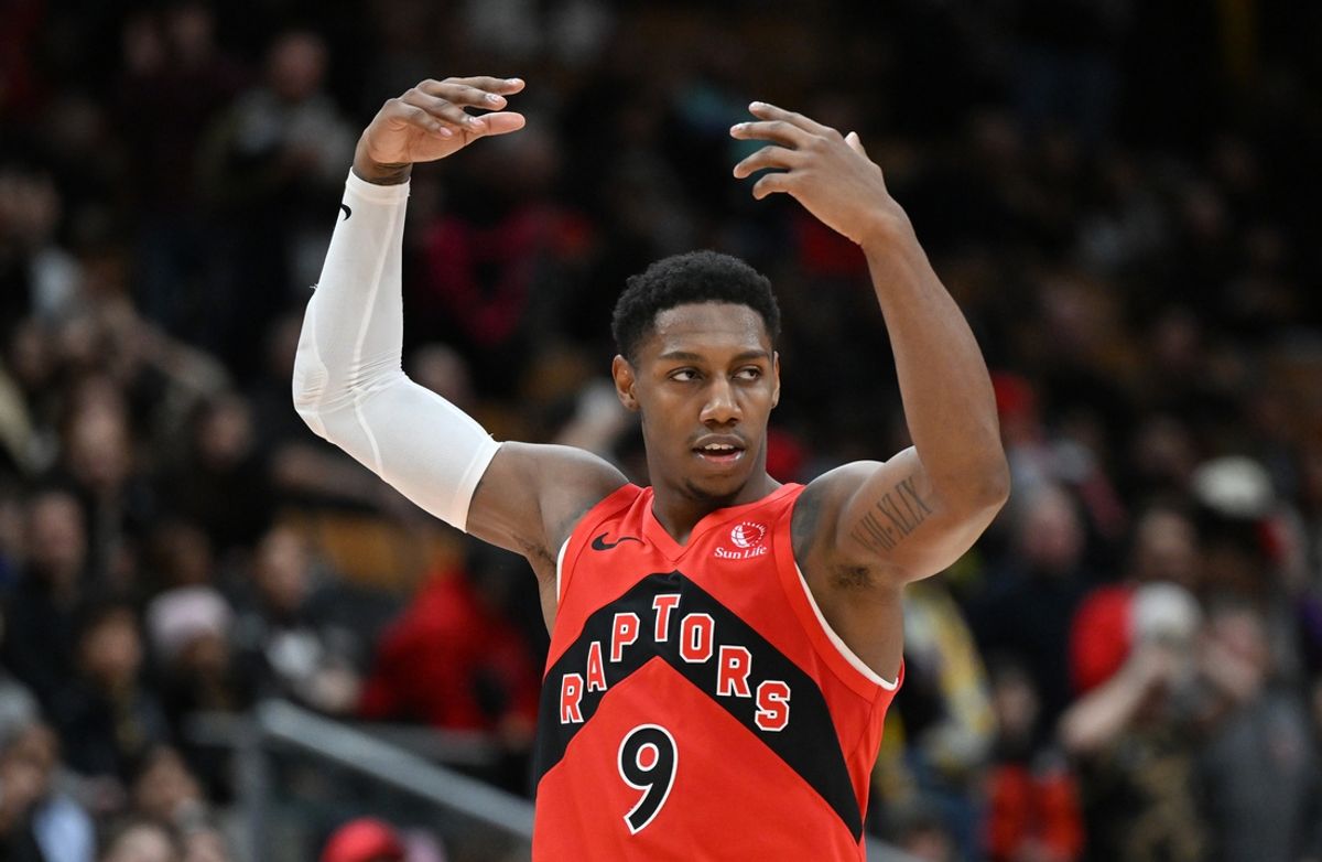 Feb 2, 2025; Toronto, Ontario, CAN; Toronto Raptors forward RJ Barrett (9) gestures to fans as he celebrates a win over the Los Angeles Clippers at Scotiabank Arena. Mandatory Credit: Dan Hamilton-Imagn Images