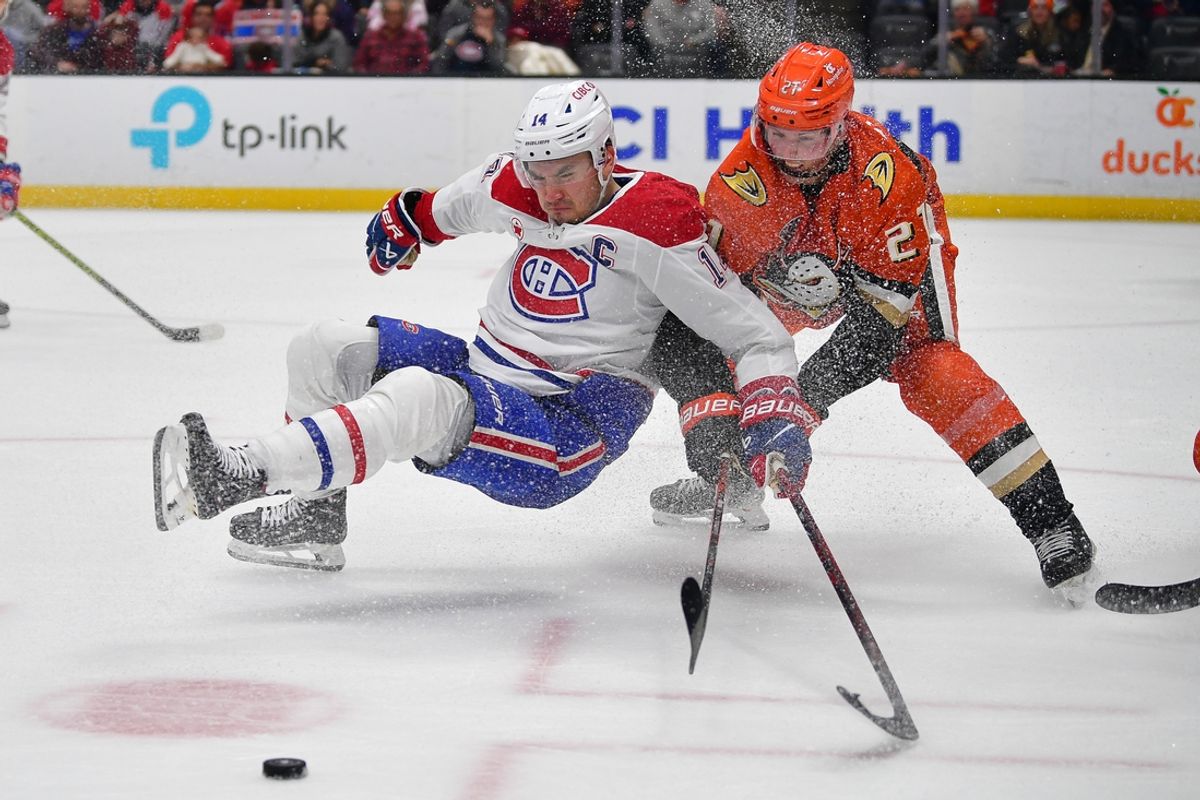 Feb 2, 2025; Anaheim, California, USA; Anaheim Ducks center Isac Lundestrom (21) hits Montreal Canadiens center Nick Suzuki (14) while playing for the puckduring the third period at Honda Center. Mandatory Credit: Gary A. Vasquez-Imagn Images