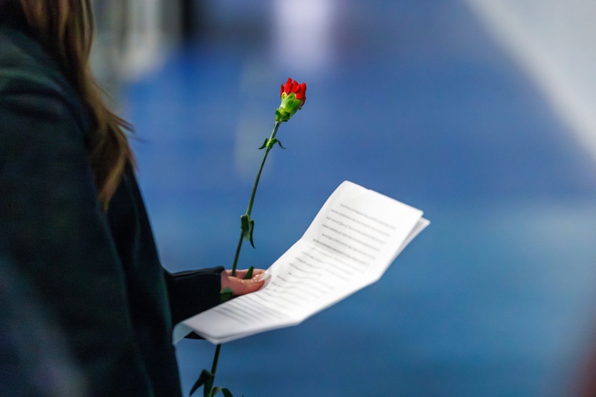 Loved ones and community members gather during a memorial service at Fred Rust Ice Arena in Newark for Delaware skaters Sean Kay and Angela Yang, and coach Sasha Kirsanov, who were among the 67 victims of the Washington D.C. plane crash on Wednesday, January 29, 2025.