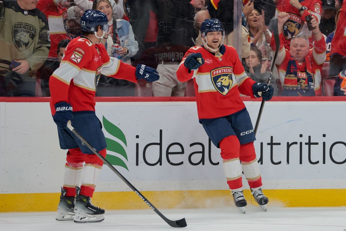 Feb 2, 2025; Sunrise, Florida, USA; Florida Panthers center Sam Reinhart (13) celebrates with center Carter Verhaeghe (23) after scoring against the New York Islanders during the second period at Amerant Bank Arena. Mandatory Credit: Sam Navarro-Imagn Images