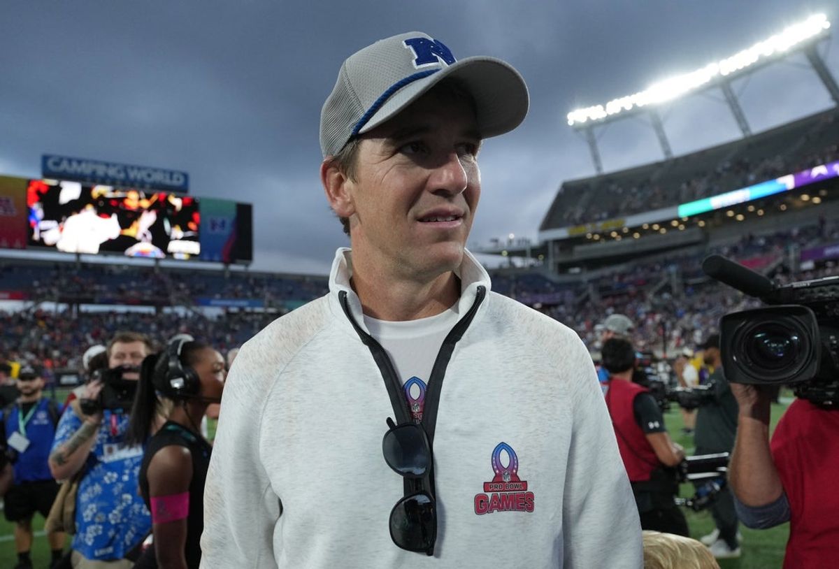 Feb 2, 2025; Orlando, FL, USA; NFC coach Eli Manning reacts after the 2025 Pro Bowl Games at Camping World Stadium. Mandatory Credit: Kirby Lee-Imagn Images