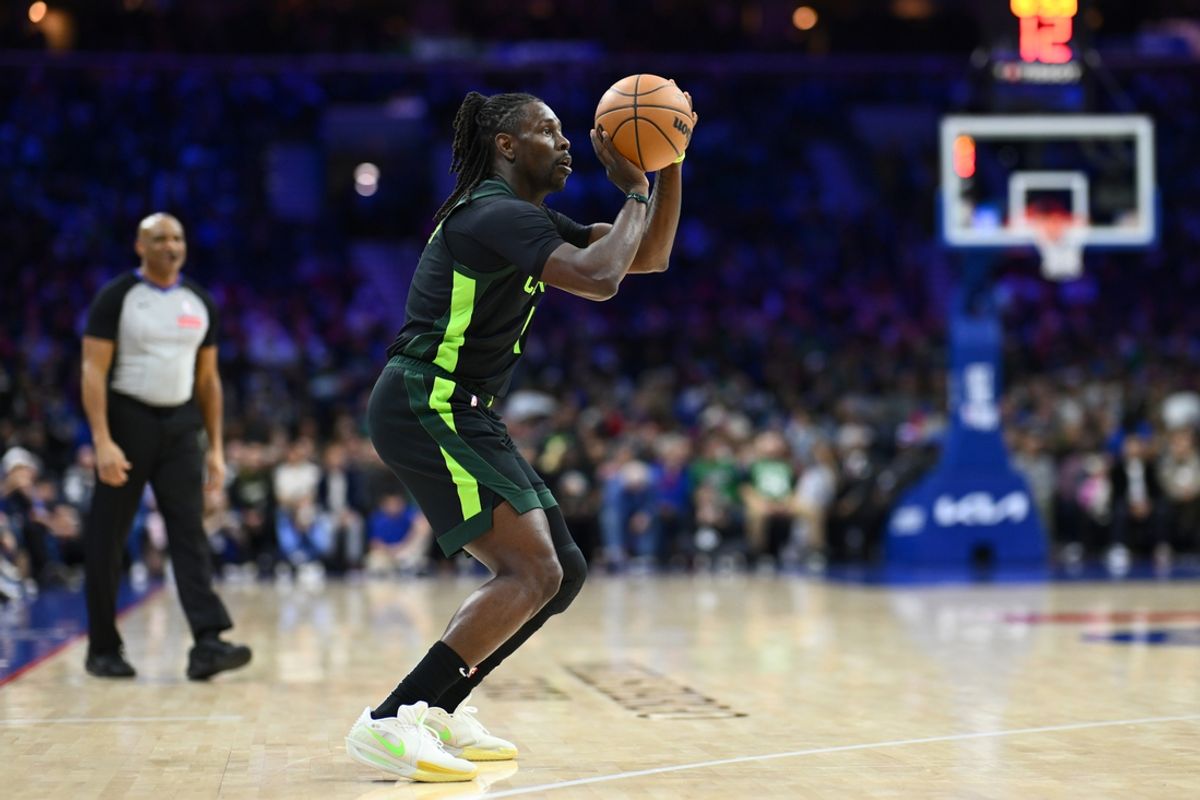 Feb 2, 2025; Philadelphia, Pennsylvania, USA; Boston Celtics guard Jrue Holiday (4) shoots the ball against the Philadelphia 76ers in the second quarter at Wells Fargo Center. Mandatory Credit: Kyle Ross-Imagn Images