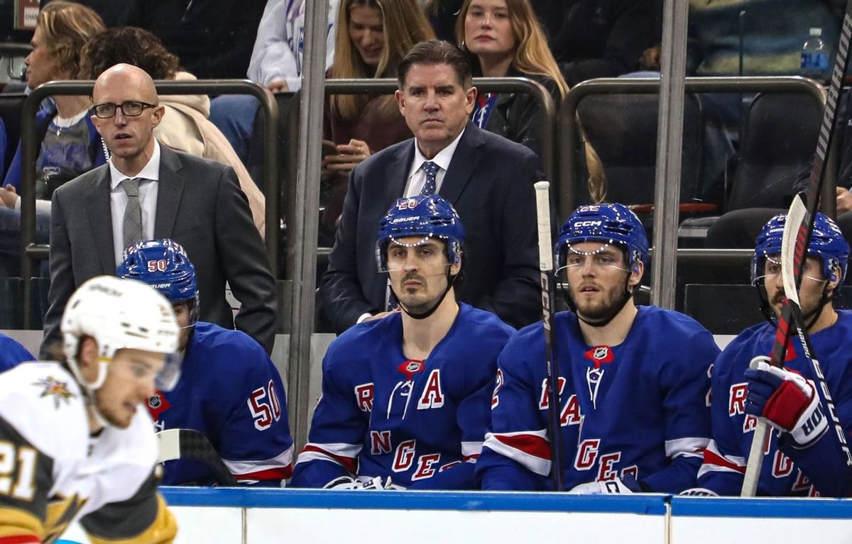 Feb 2, 2025; New York, New York, USA; New York Rangers head coach Peter Laviolette watches his team from the bench during the third period against the Vegas Golden Knights at Madison Square Garden. Mandatory Credit: Danny Wild-Imagn Images