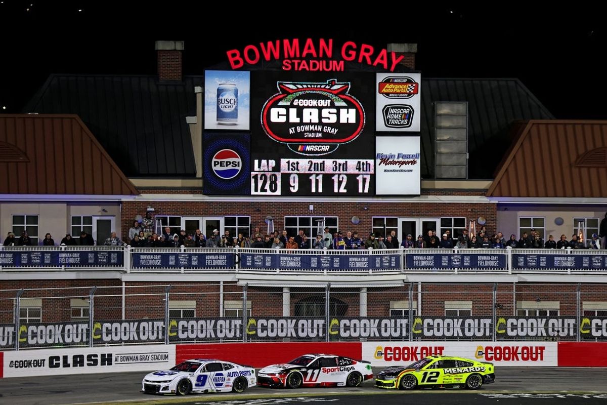 Feb 2, 2025; WInston-Salem, North Carolina, USA; NASCAR Cup Series driver Chase Elliot (9), NASCAR Cup Series driver Denny Hamlin (11) and NASCAR Cup Series driver Ryan Blaney (12) during the Clash at Bowman Gray at Bowman Gray Stadium. Mandatory Credit: Peter Casey-Imagn Images
