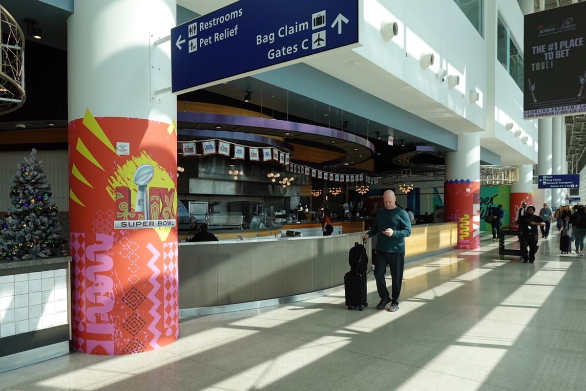 Feb 3, 2025; New Orleans, LA, USA; Super Bowl LIX signage at the Louis Armstrong International Airport. Mandatory Credit: Kirby Lee-Imagn Images