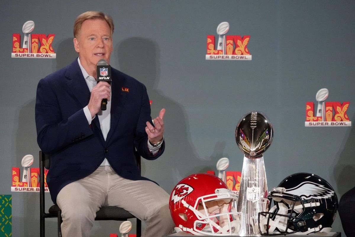 Feb 3, 2025; New Orleans, LA, USA; NFL commissioner Roger Goodell speaks during a press conference ahead of Super Bowl LIX at New Orleans Saints Locker Room. Mandatory Credit: Kirby Lee-Imagn Images