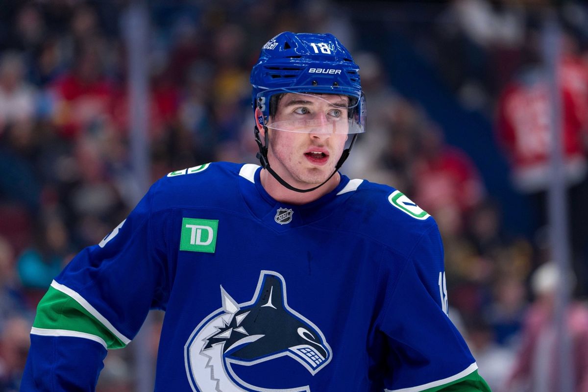 Feb 2, 2025; Vancouver, British Columbia, CAN; Vancouver Canucks forward Drew O'Connor (18) during a stop in play against the Detroit Red Wings in the first period at Rogers Arena. Mandatory Credit: Bob Frid-Imagn Images