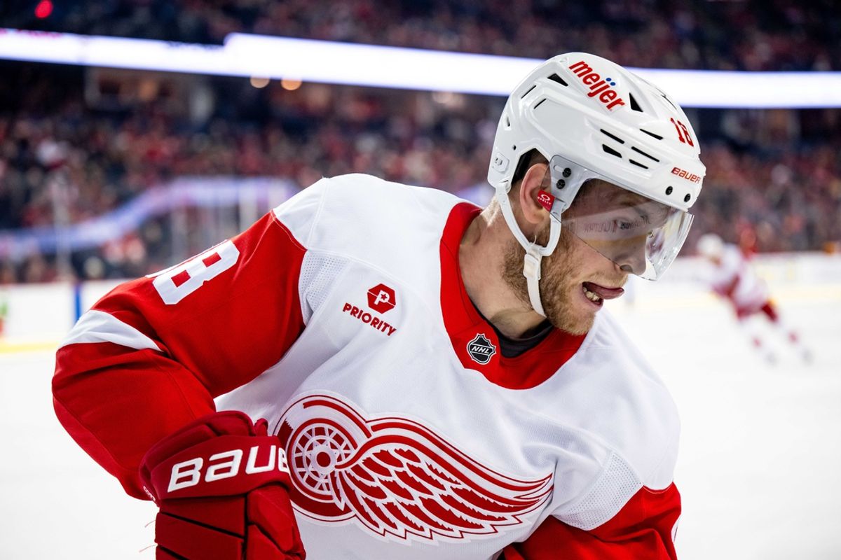Feb 1, 2025; Calgary, Alberta, CAN; Detroit Red Wings center Andrew Copp (18) in action against the Calgary Flames during the first period at Scotiabank Saddledome. Mandatory Credit: Brett Holmes-Imagn Images