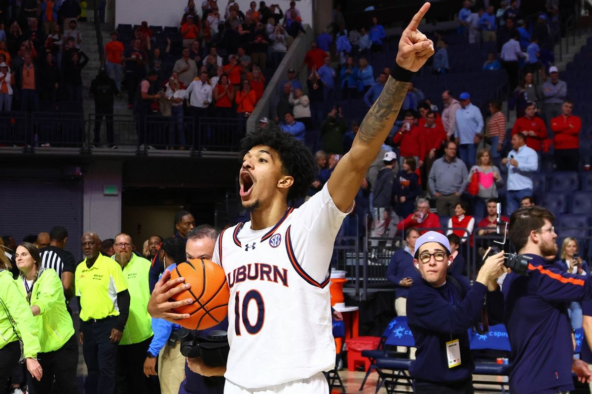 Feb 1, 2025; Oxford, Mississippi, USA; Auburn Tigers guard/forward Chad Baker-Mazara (10) reacts after defeating the Mississippi Rebels at The Sandy and John Black Pavilion at Ole Miss. Mandatory Credit: Petre Thomas-Imagn Images