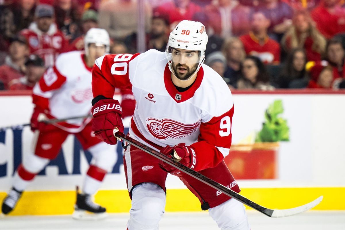 Feb 1, 2025; Calgary, Alberta, CAN; Detroit Red Wings center Joe Veleno (90) in action against the Calgary Flames during the second period at Scotiabank Saddledome. Mandatory Credit: Brett Holmes-Imagn Images