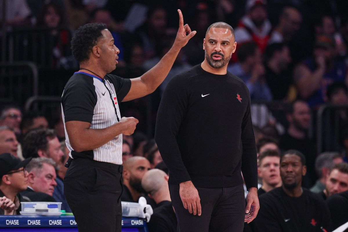 Feb 3, 2025; New York, New York, USA; Memphis Grizzlies head coach Ime Udoka reacts to a call by referee Mitchell Ervin (27) during the first half against the New York Knicks at Madison Square Garden. Mandatory Credit: Vincent Carchietta-Imagn Images