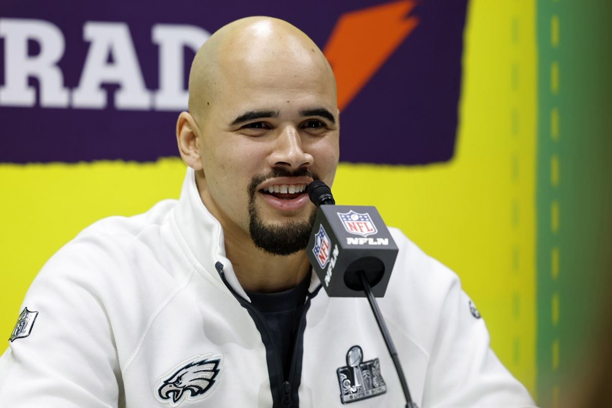 Feb 3, 2025; New Orleans, LA, USA; Philadelphia Eagles linebacker Zack Baun (53) talks to the media during Super Bowl LIX Opening Night at Ceasars Superdome. Mandatory Credit: Stephen Lew-Imagn Images