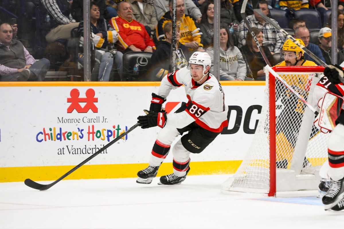 Feb 3, 2025; Nashville, Tennessee, USA; Ottawa Senators defenseman Jake Sanderson (85) skates behind the net against the Nashville Predators during the second period at Bridgestone Arena. Mandatory Credit: Steve Roberts-Imagn Images