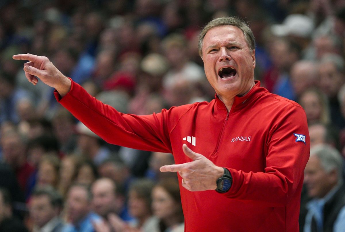 Feb 3, 2025; Lawrence, Kansas, USA; Kansas Jayhawks head coach Bill Self reacts during the first half against the Iowa State Cyclones at Allen Fieldhouse. Mandatory Credit: Jay Biggerstaff-Imagn Images