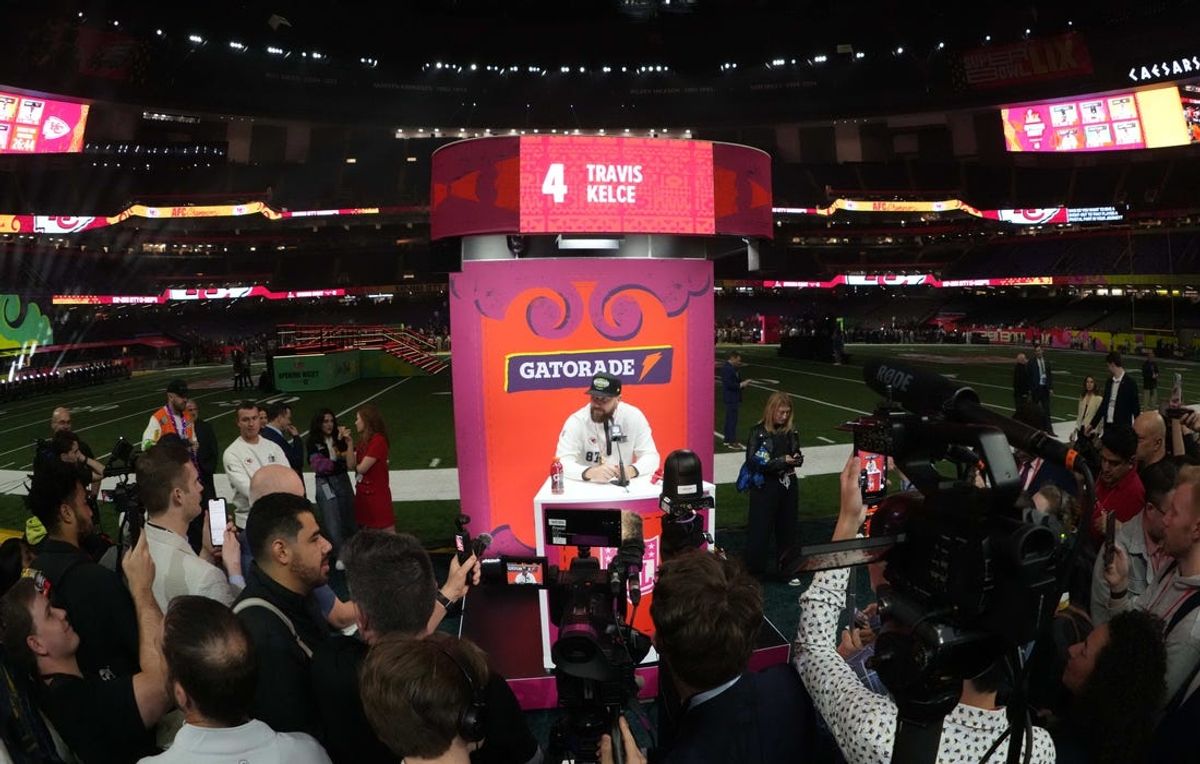 Feb 3, 2025; New Orleans, LA, USA;  Kansas City Chiefs tight end Travis Kelce (87) during Super Bowl LIX Opening Night at Ceasars Superdome. Mandatory Credit: Kirby Lee-Imagn Images