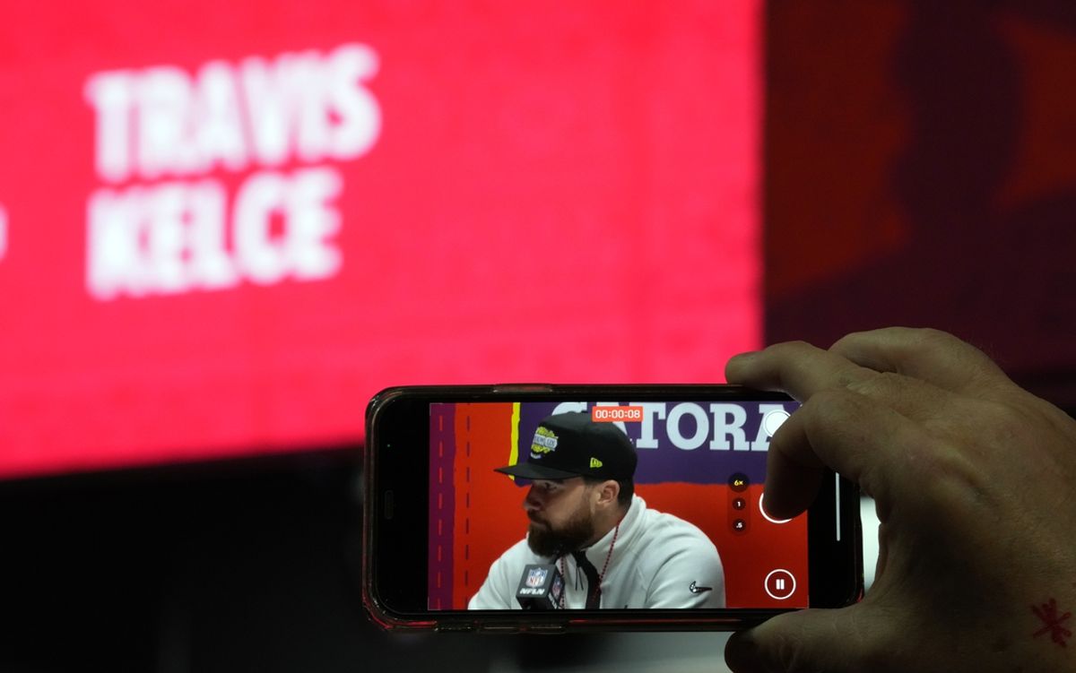 Feb 3, 2025; New Orleans, LA, USA; Kansas City Chiefs tight end Travis Kelce speaks during Super Bowl LIX Opening Night at Ceasars Superdome. Mandatory Credit: James Lang-Imagn Images