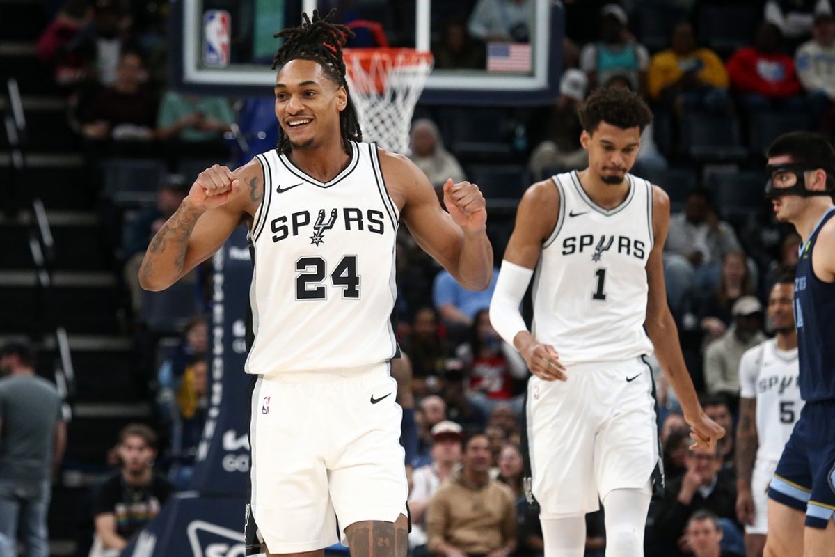 Feb 3, 2025; Memphis, Tennessee, USA; San Antonio Spurs guard Devin Vassell (24) reacts during the first quarter against the Memphis Grizzlies at FedExForum. Mandatory Credit: Petre Thomas-Imagn Images