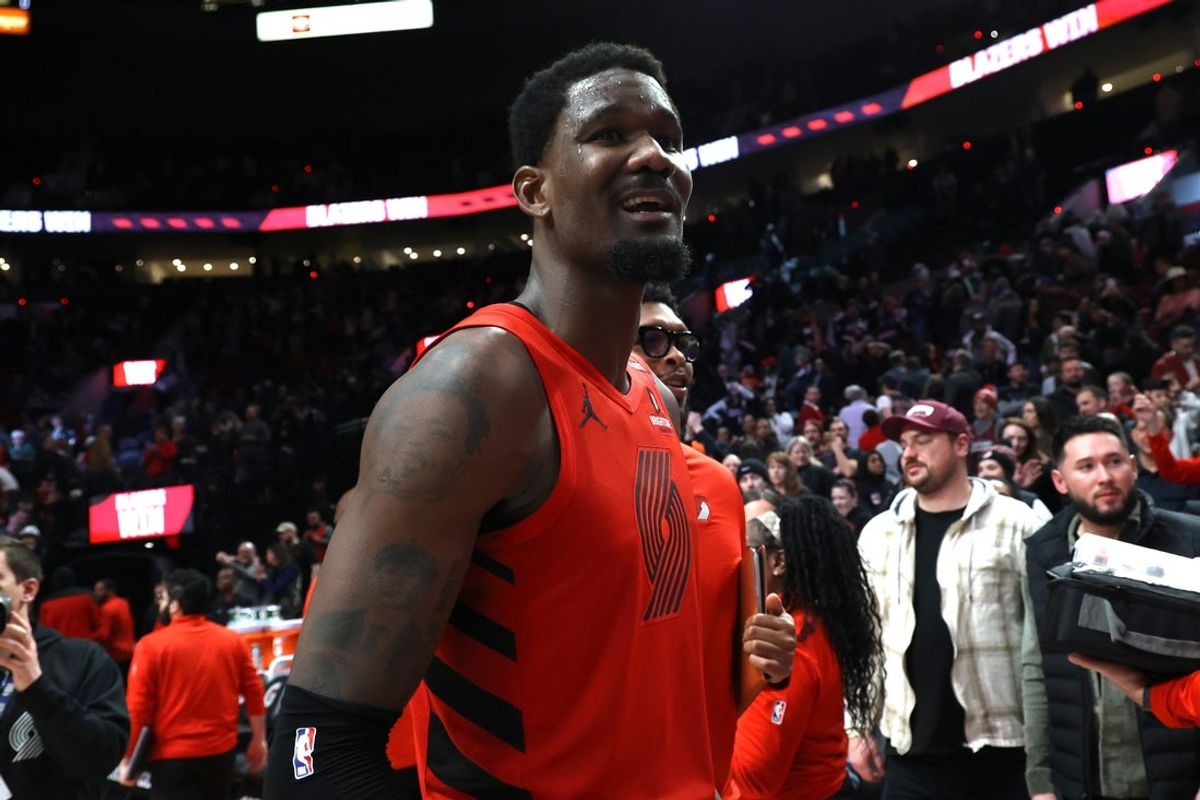 Feb 3, 2025; Portland, Oregon, USA;  Portland Trail Blazers center Deandre Ayton (2) reacts after helping secure a 121-119 overtime win against the Phoenix Suns at Moda Center. Mandatory Credit: Jaime Valdez-Imagn Images