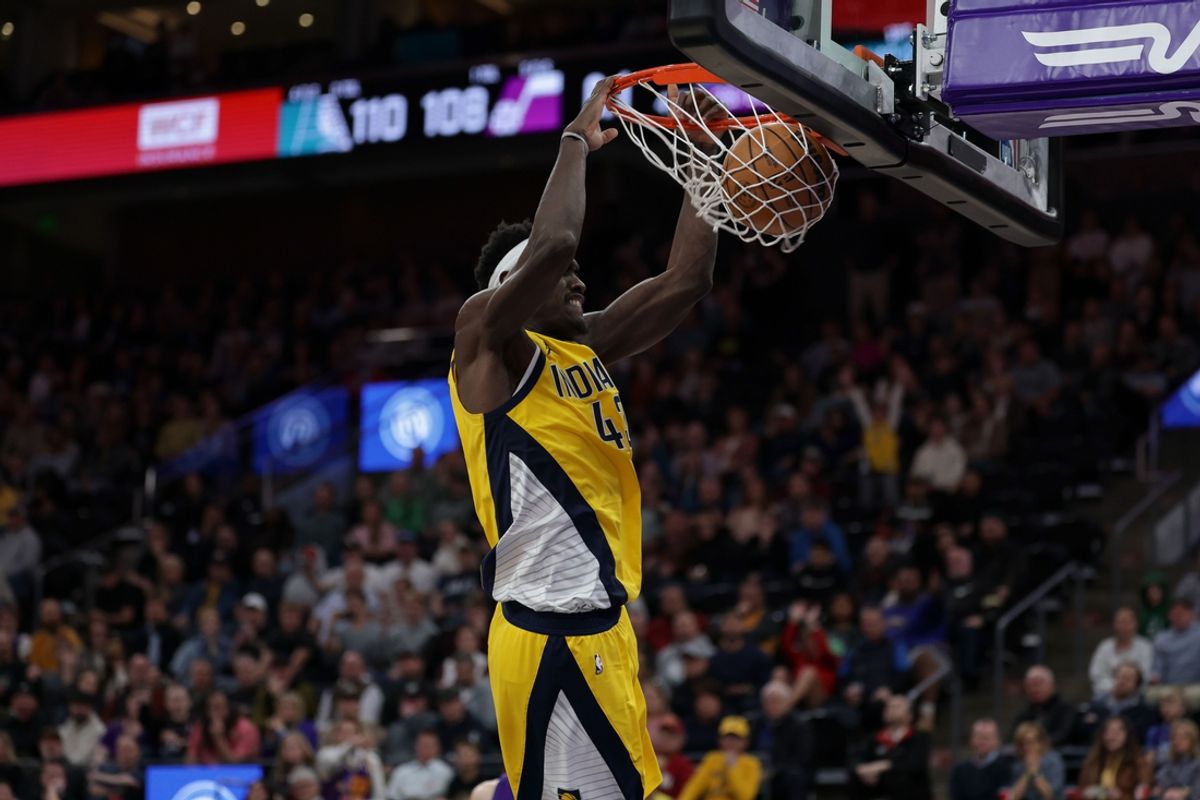 Feb 3, 2025; Salt Lake City, Utah, USA;  Indiana Pacers forward Pascal Siakam (43) dunks the ball against the Utah Jazz during the second half at Delta Center. Mandatory Credit: Chris Nicoll-Imagn Images