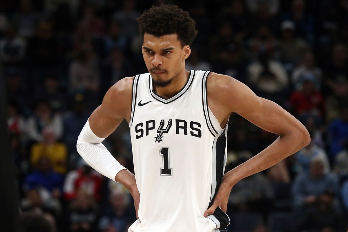 Feb 3, 2025; Memphis, Tennessee, USA; San Antonio Spurs center Victor Wembanyama (1) reacts during the second quarter against the Memphis Grizzlies at FedExForum. Mandatory Credit: Petre Thomas-Imagn Images
