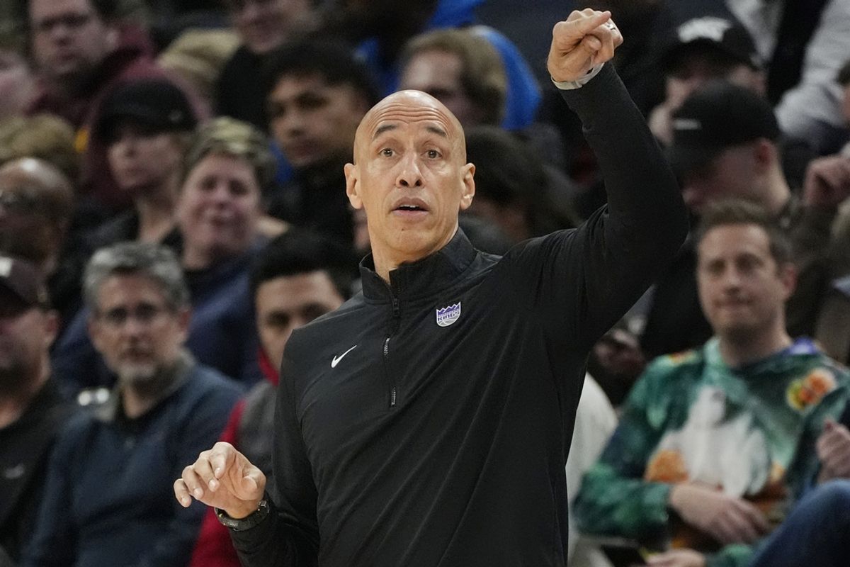 Feb 3, 2025; Minneapolis, Minnesota, USA; Sacramento Kings interim head coach Doug Christie directs his team as they play the Minnesota Timberwolves in the third quarter at Target Center. Mandatory Credit: Bruce Kluckhohn-Imagn Images