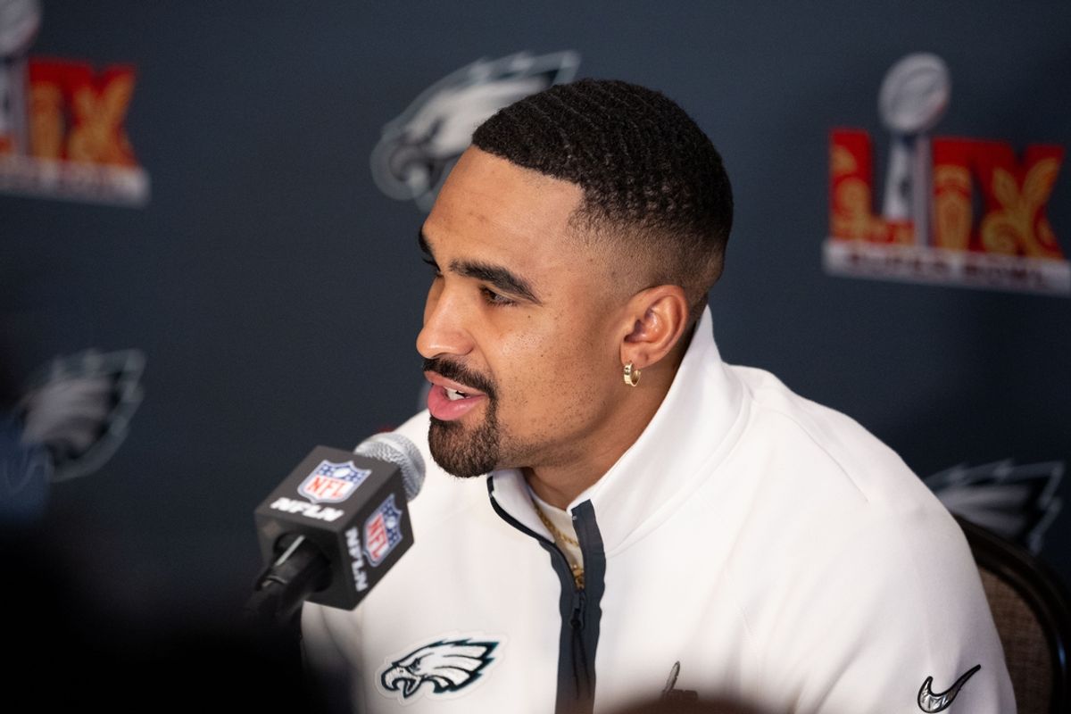 Feb 4, 2025; New Orleans, LA, USA; Philadelphia Eagles quarterback Jalen Hurts speaks with the media during a press conference at Hilton New Orleans Riverside. Mandatory Credit: Bill Streicher-Imagn Images