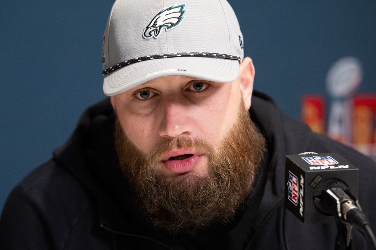 Feb 4, 2025; New Orleans, LA, USA; Philadelphia Eagles offensive tackle Lane Johnson speaks with the media during a press conference at Hilton New Orleans Riverside. Mandatory Credit: Bill Streicher-Imagn Images
