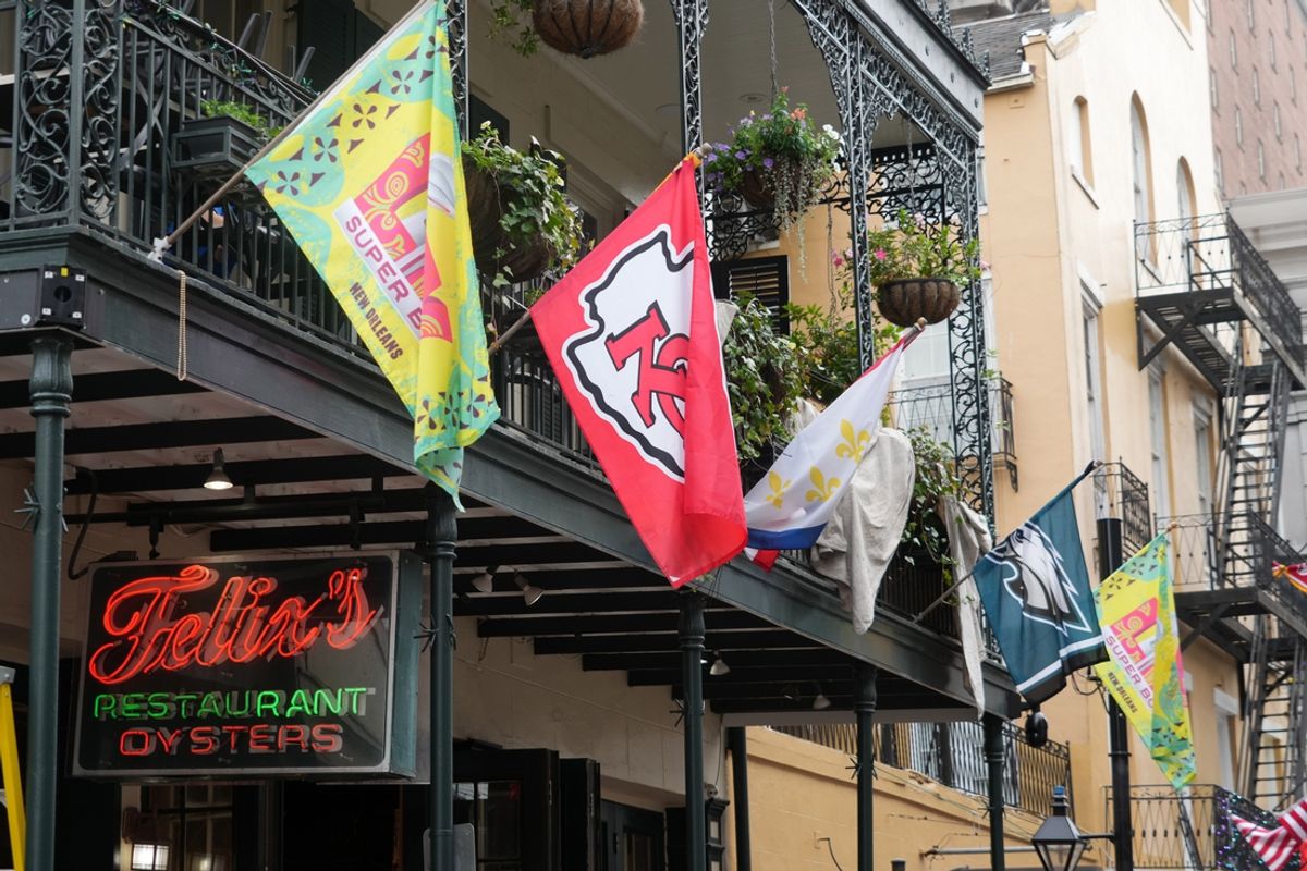Feb 4, 2025; New Orleans, LA, USA; Super Bowl LIX, Kansas City Chiefs and Philadelphia Eagles flags at Felix's Oyster restaurant on Bourbon Street.  Mandatory Credit: Kirby Lee-Imagn Images