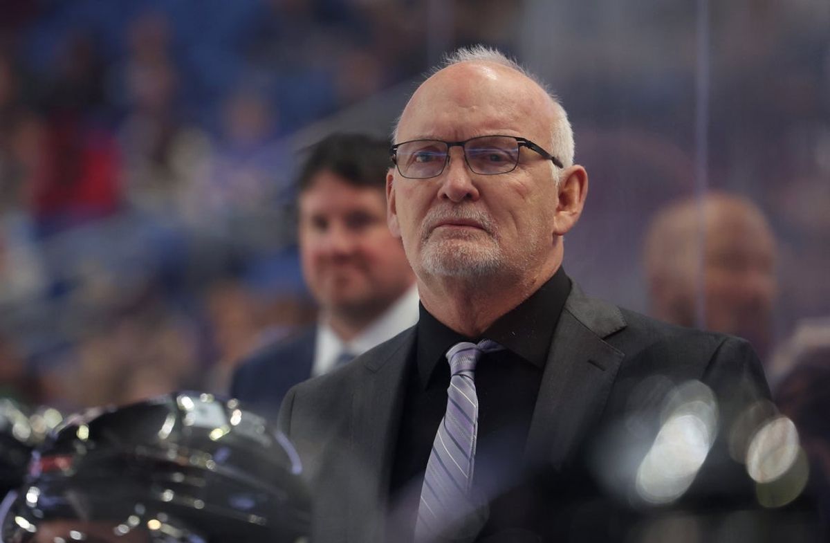 Feb 4, 2025; Buffalo, New York, USA;  Buffalo Sabres head coach Lindy Ruff watches his team play during the first period against the Columbus Blue Jackets at KeyBank Center. Mandatory Credit: Timothy T. Ludwig-Imagn Images