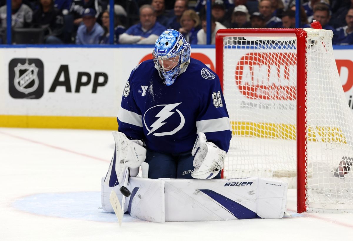 Feb 4, 2025; Tampa, Florida, USA; Tampa Bay Lightning goaltender Andrei Vasilevskiy (88) makes a save against the Ottawa Senators during the second period at Amalie Arena. Mandatory Credit: Kim Klement Neitzel-Imagn Images