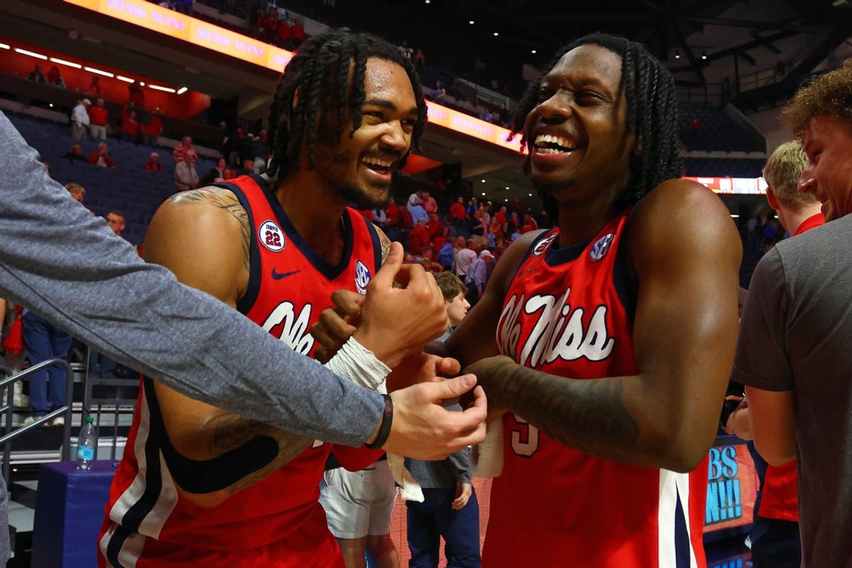Feb 4, 2025; Oxford, Mississippi, USA; Mississippi Rebels guard Dre Davis (14) and guard Jaylen Murray (5) react after defeating the Kentucky Wildcats at The Sandy and John Black Pavilion at Ole Miss. Mandatory Credit: Petre Thomas-Imagn Images