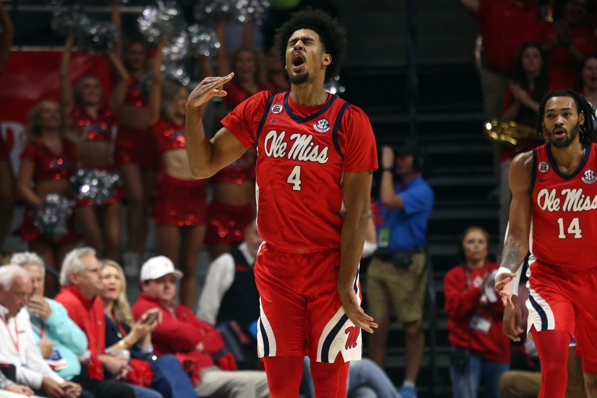 Feb 4, 2025; Oxford, Mississippi, USA; Mississippi Rebels forward Jaemyn Brakefield (4) reacts during the first half against the Kentucky Wildcats at The Sandy and John Black Pavilion at Ole Miss. Mandatory Credit: Petre Thomas-Imagn Images