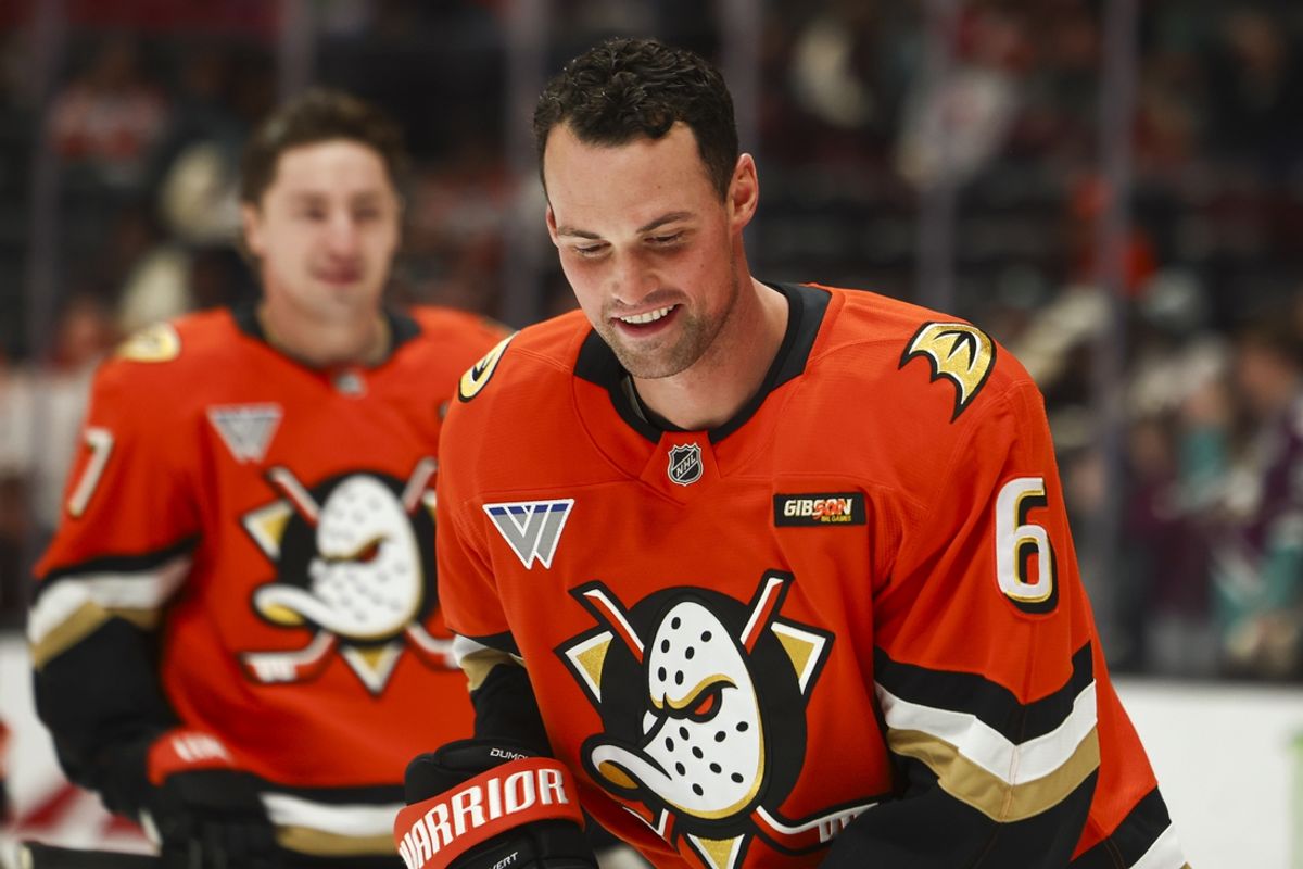 Feb 4, 2025; Anaheim, California, USA; Anaheim Ducks defenseman Brian Dumoulin (6) reacts during warmups before a hockey game against the Dallas Stars at Honda Center. Mandatory Credit: Jessica Alcheh-Imagn Images
