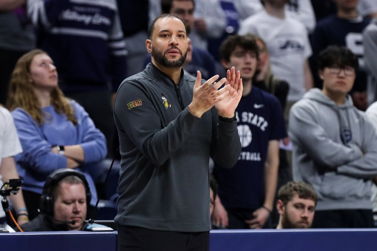 Feb 4, 2025; University Park, Pennsylvania, USA; Minnesota Golden Gophers head coach Ben Johnson reacts from the bench during the second half against the Penn State Nittany Lions at Bryce Jordan Center. Penn State 69-61. Mandatory Credit: Matthew O'Haren-Imagn Images