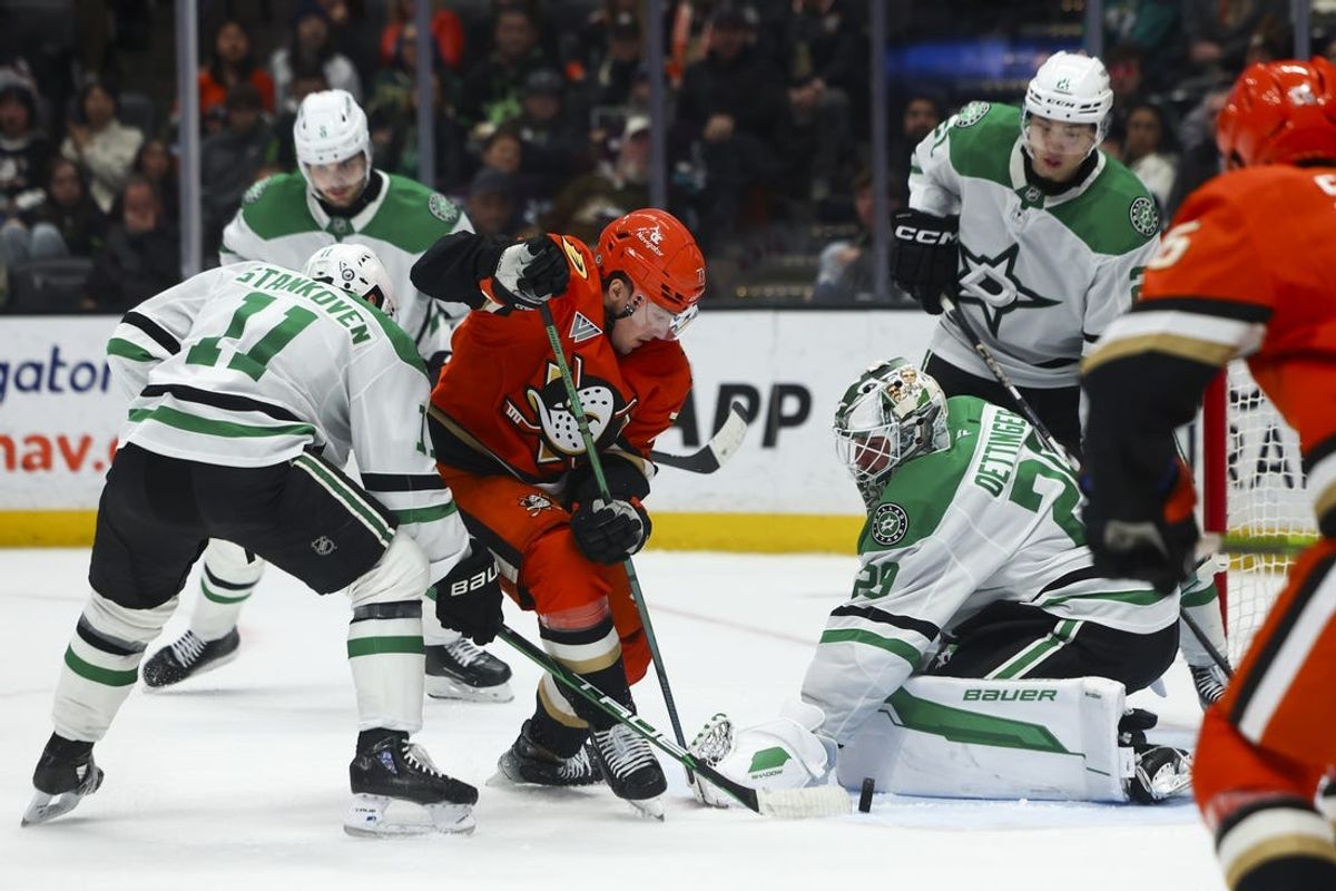 Feb 4, 2025; Anaheim, California, USA; Dallas Stars goaltender Jake Oettinger (29) makes a save against Anaheim Ducks right wing Frank Vatrano (77) during the second period of a hockey game at Honda Center. Mandatory Credit: Jessica Alcheh-Imagn Images