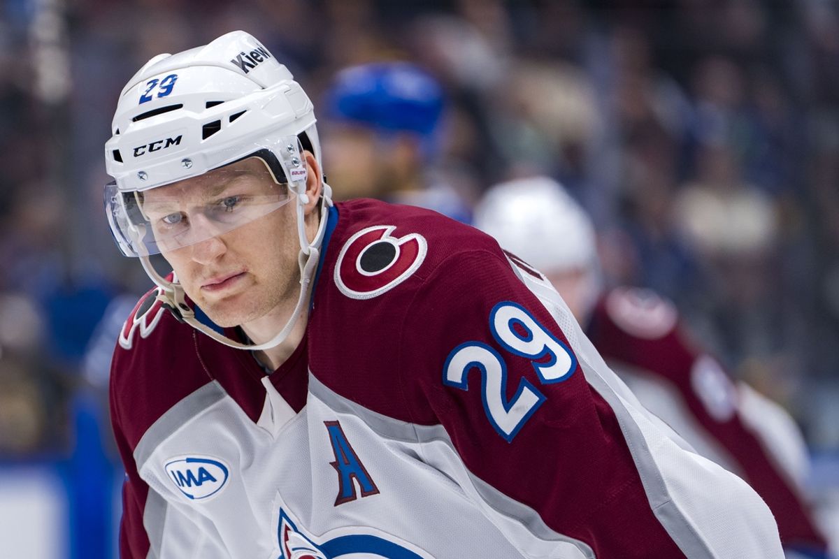 Feb 4, 2025; Vancouver, British Columbia, CAN; Colorado Avalanche forward Nathan MacKinnon (29) during a stop in play against the Vancouver Canucks in the third period at Rogers Arena. Mandatory Credit: Bob Frid-Imagn Images