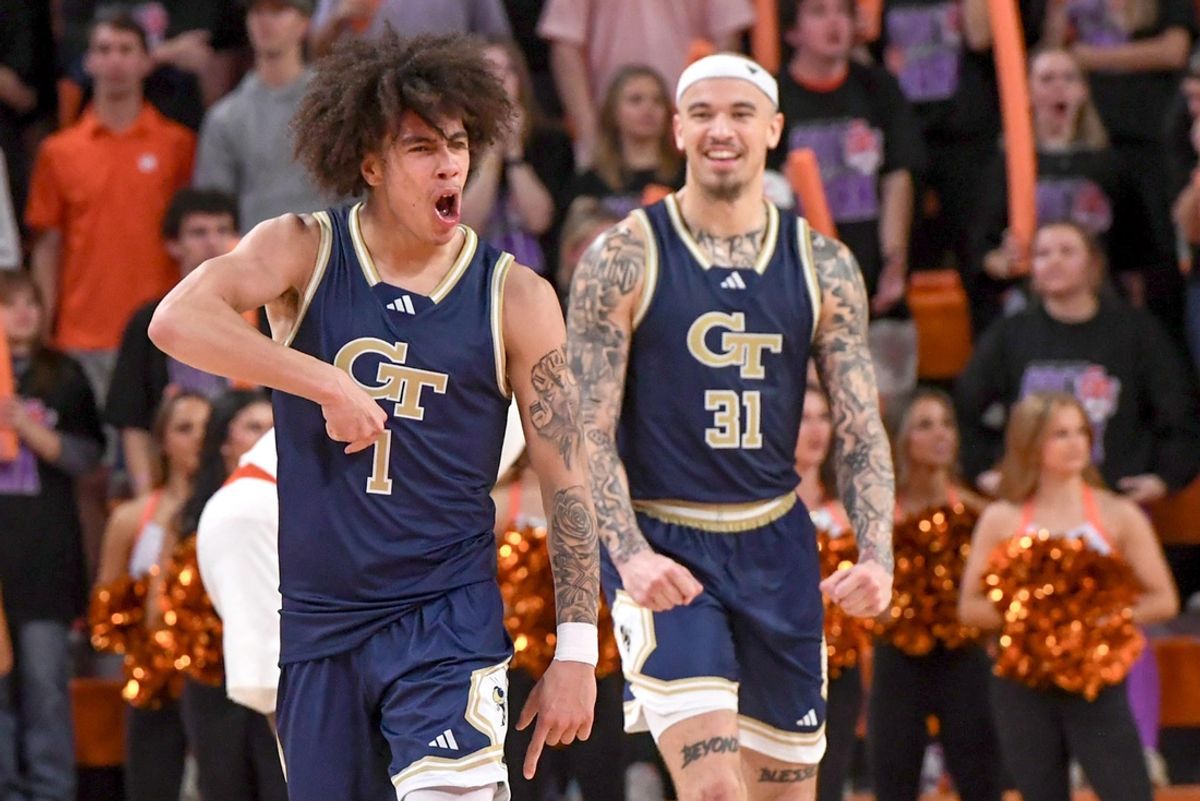 Georgia Tech guard Naithan George (1) reacts after scoring and being fouled by Clemson during the second half at Littlejohn Coliseum in Clemson, S.C. Tuesday, February 4, 2025.
