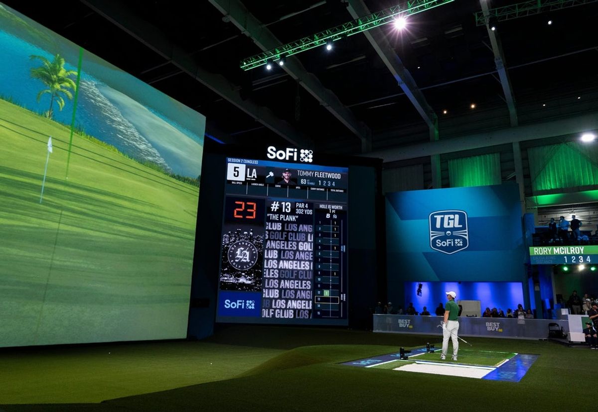Rory McIlroy of Boston Common Club tees off during a TGL match against Los Angeles Golf Club at the SoFi Center on February 4, 2025, in Palm Beach Gardens, Florida.
