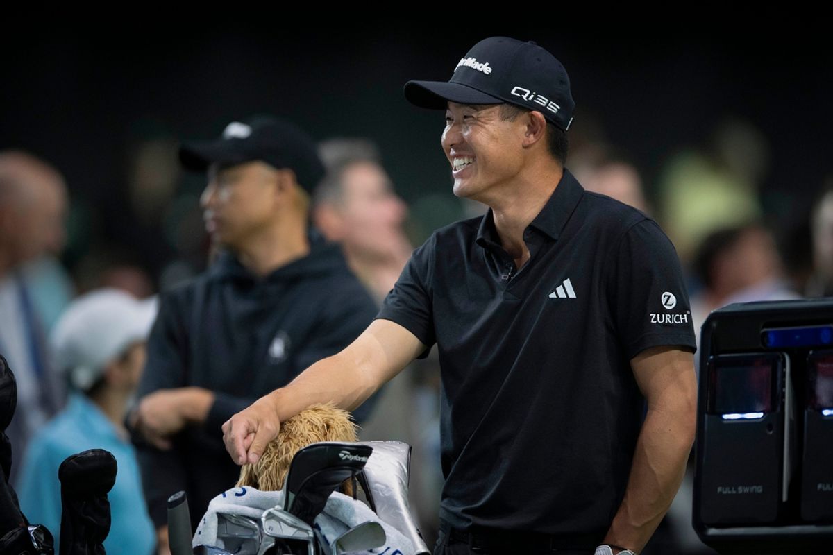 Collin Morikawa of Los Angeles Golf Club before Boston Common Club TGL match at SoFi Center on February 4, 2025, in Palm Beach Gardens, Florida.