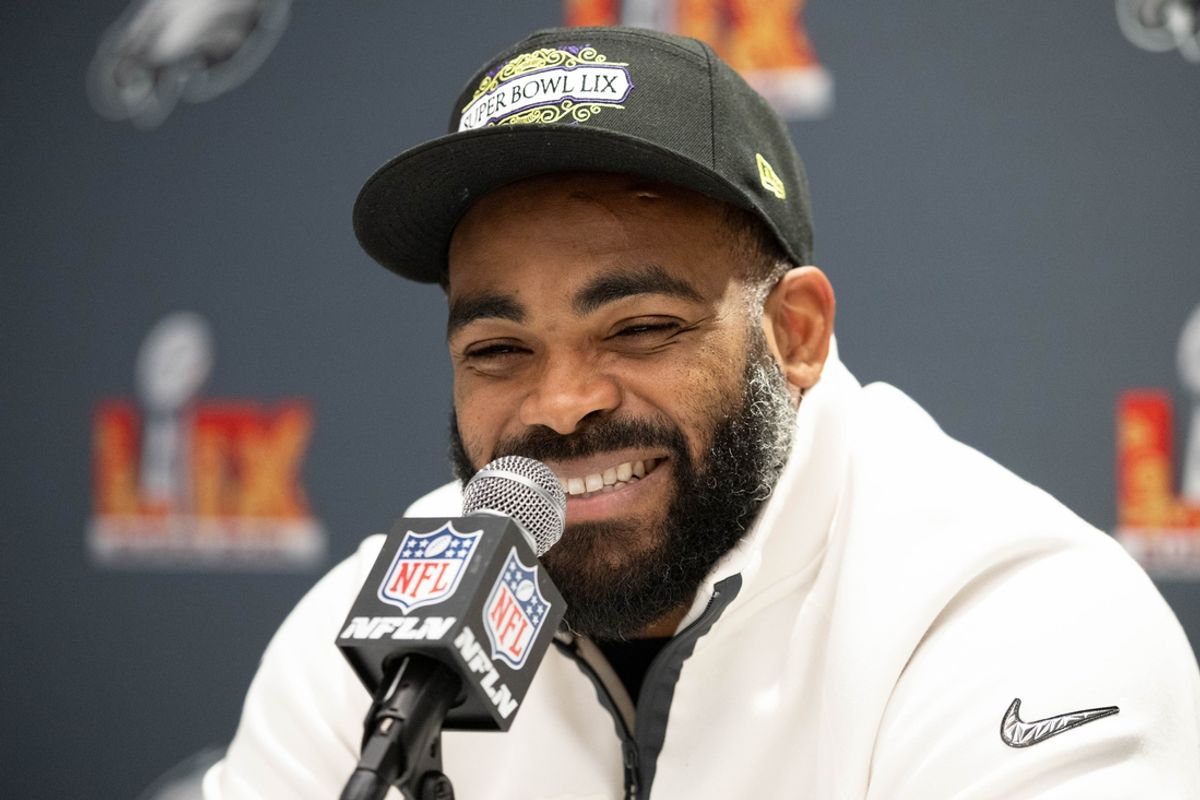 Feb 5, 2025; New Orleans, LA, USA; Philadelphia Eagles defensive end Brandon Graham speaks with the media during a press conference at Hilton New Orleans Riverside. Mandatory Credit: Bill Streicher-Imagn Images