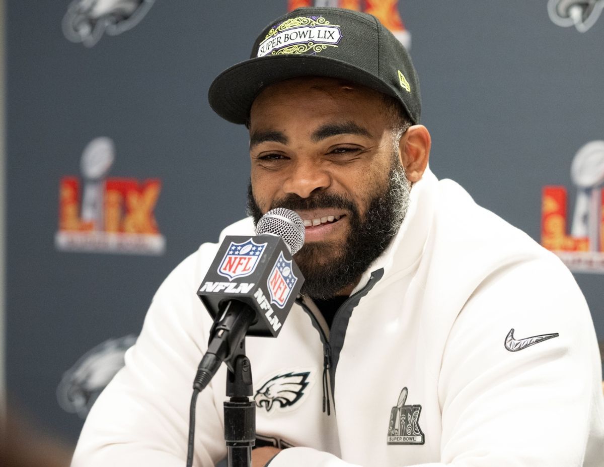 Feb 5, 2025; New Orleans, LA, USA; Philadelphia Eagles defensive end Brandon Graham speaks with the media during a press conference at Hilton New Orleans Riverside. Mandatory Credit: Bill Streicher-Imagn Images