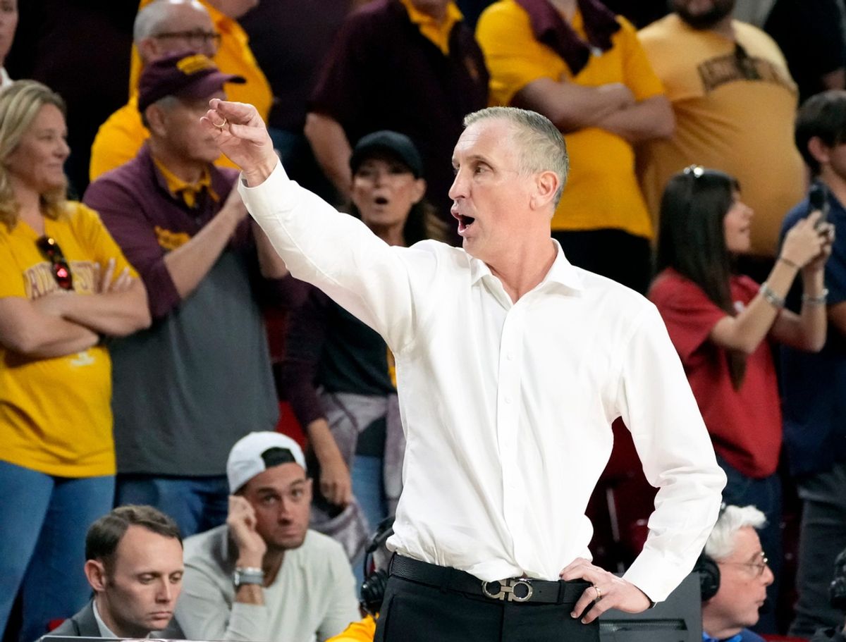Arizona State Sun Devils head coach Bobby Hurley instructs his team to go to the locker room before the end of a Big 12 men's basketball game against the Arizona Wildcats at Desert Financial Arena on Feb. 1, 2025, in Tempe.