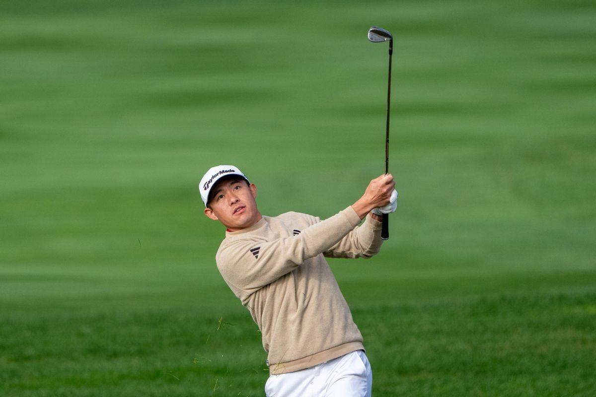 February 2, 2025; Pebble Beach, California, USA; Collin Morikawa hits his third shot on the second hole during the final round of the AT&T Pebble Beach Pro-Am golf tournament at Pebble Beach Golf Links. Mandatory Credit: Kyle Terada-Imagn Images