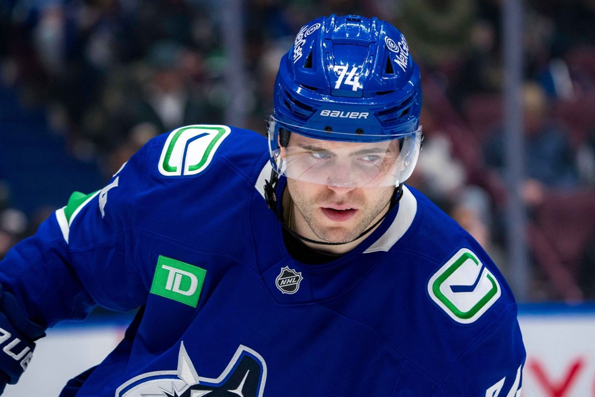 Feb 4, 2025; Vancouver, British Columbia, CAN; Vancouver Canucks forward Jake DeBrusk (74) during a stop in play against the Colorado Avalanche in the third period at Rogers Arena. Mandatory Credit: Bob Frid-Imagn Images