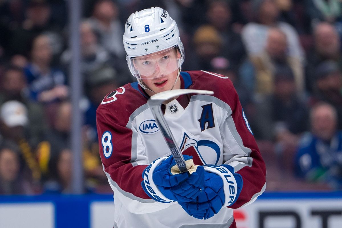 Feb 4, 2025; Vancouver, British Columbia, CAN; Colorado Avalanche defenseman Cale Makar (8) during a stop in play against the Vancouver Canucks in the third period at Rogers Arena. Mandatory Credit: Bob Frid-Imagn Images