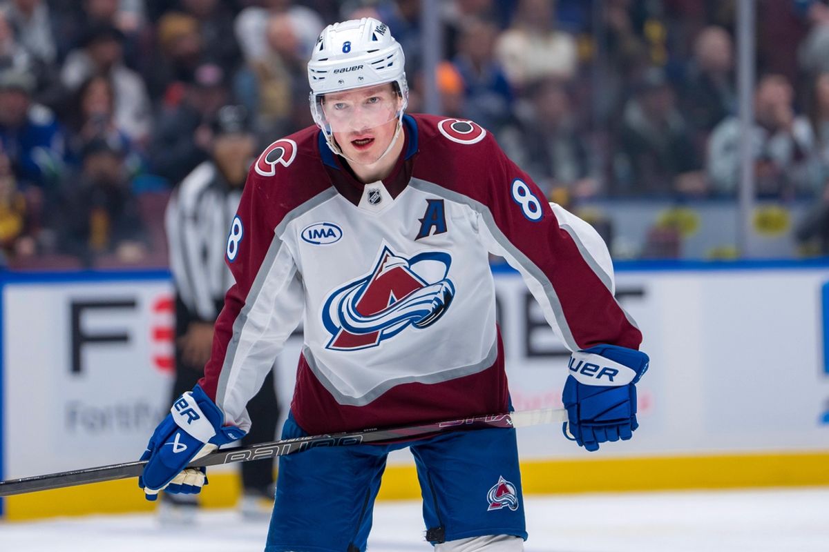 Feb 4, 2025; Vancouver, British Columbia, CAN; Colorado Avalanche defenseman Cale Makar (8) during a stop in play against the Vancouver Canucks in the third period at Rogers Arena. Mandatory Credit: Bob Frid-Imagn Images