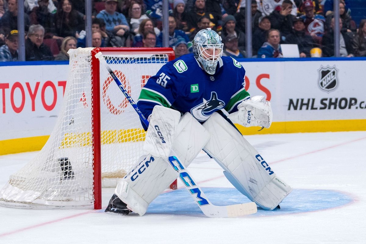 Feb 4, 2025; Vancouver, British Columbia, CAN; Vancouver Canucks goalie Thatcher Demko (35) in the net against the Colorado Avalanche in the third period at Rogers Arena. Mandatory Credit: Bob Frid-Imagn Images